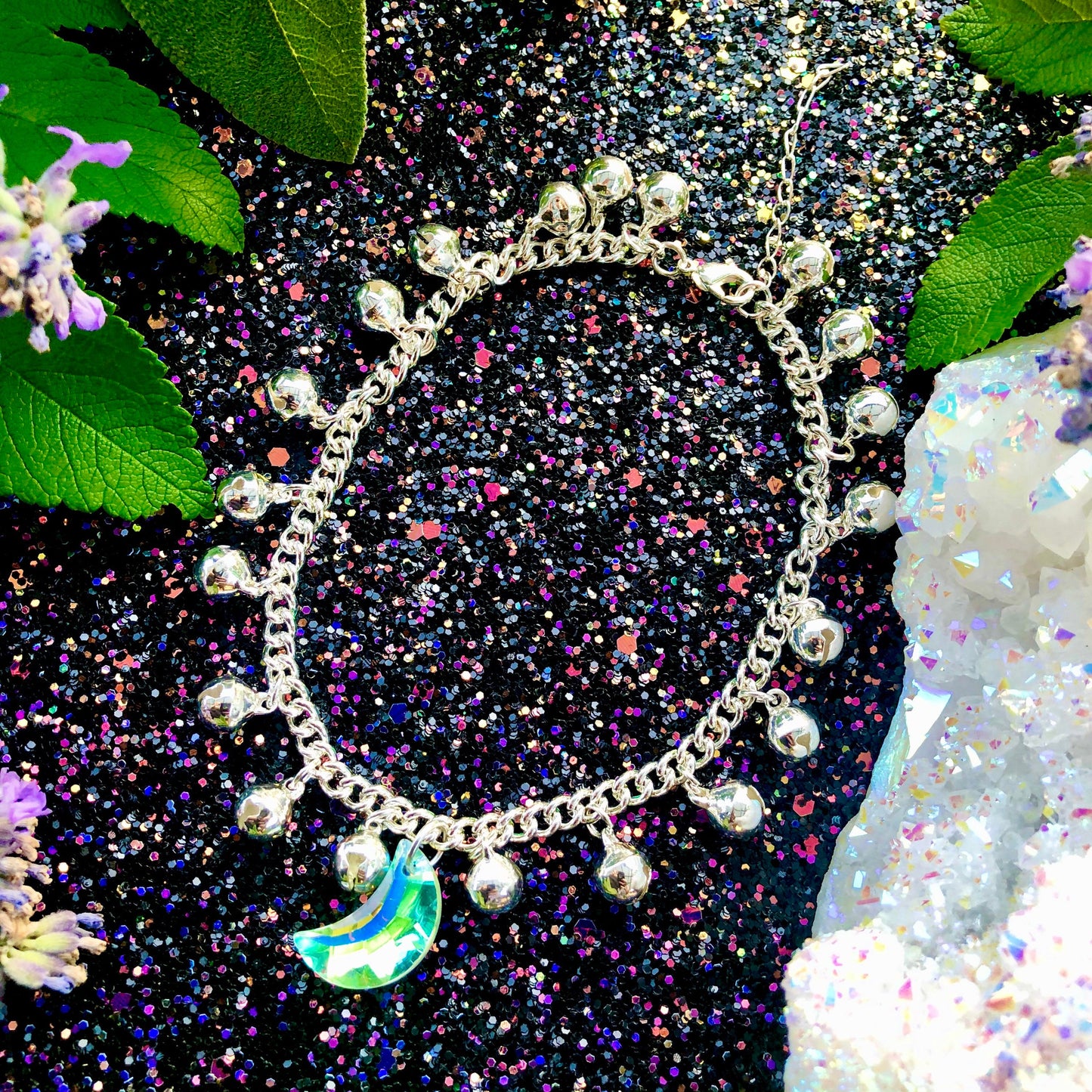 Moonchild Bell Anklet ~ Anita Apothecary, Belly Dancing jewelry, witch jewelry, crystal moon jewelry, moon jewelry, chime bell jewelry