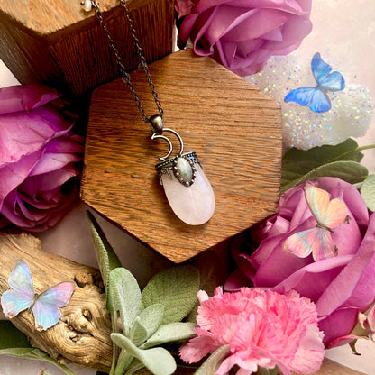 Rose Quartz Moon Aura Necklace ~ Anita Apothecary, Crystal moons, moon necklace, aura jewelry, Celestial jewelry, witch Jewelry