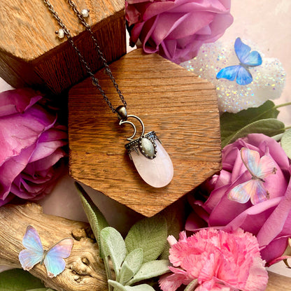 Rose Quartz Moon Aura Necklace ~ Anita Apothecary, Crystal moons, moon necklace, aura jewelry, Celestial jewelry, witch Jewelry