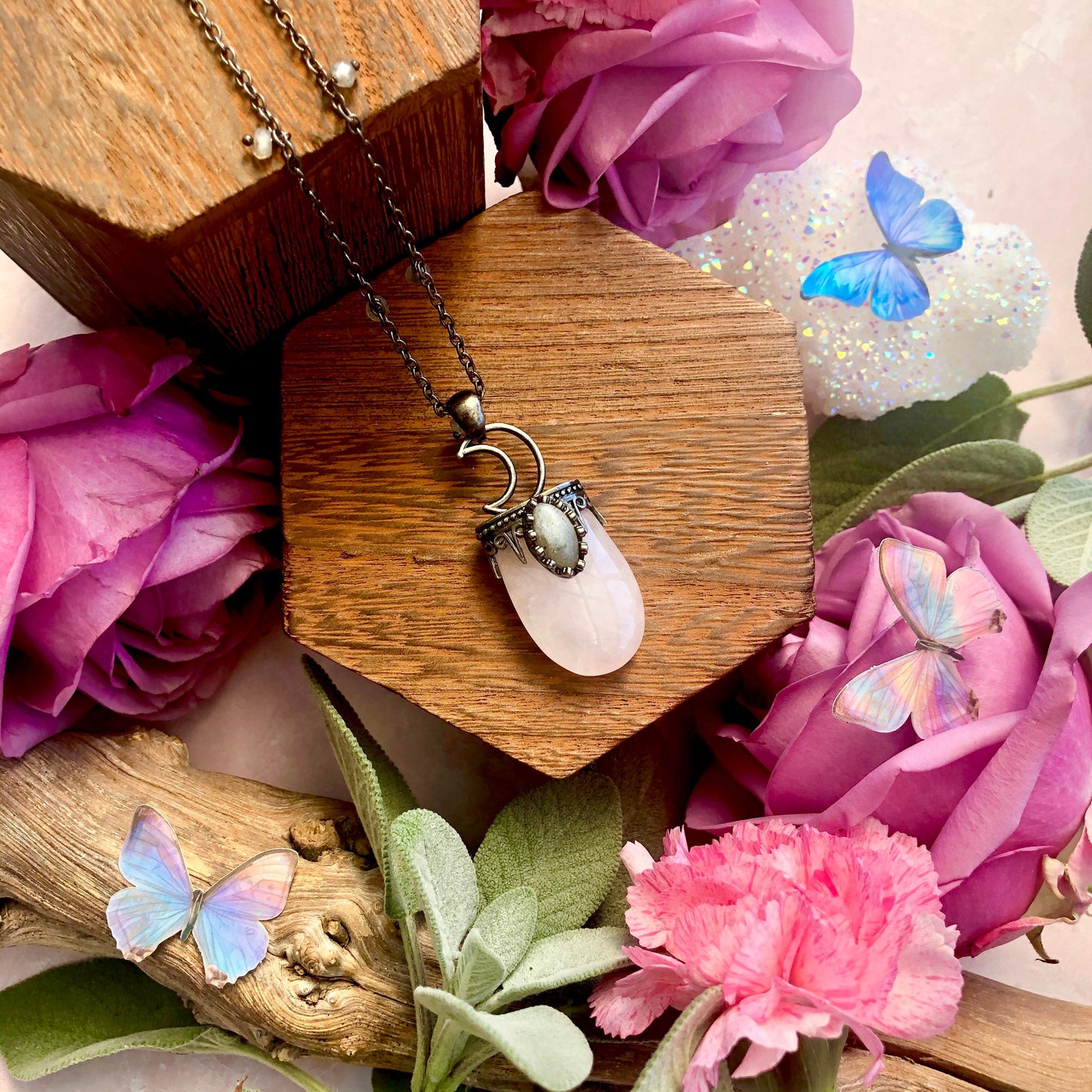 Rose Quartz Moon Aura Necklace ~ Anita Apothecary, Crystal moons, moon necklace, aura jewelry, Celestial jewelry, witch Jewelry