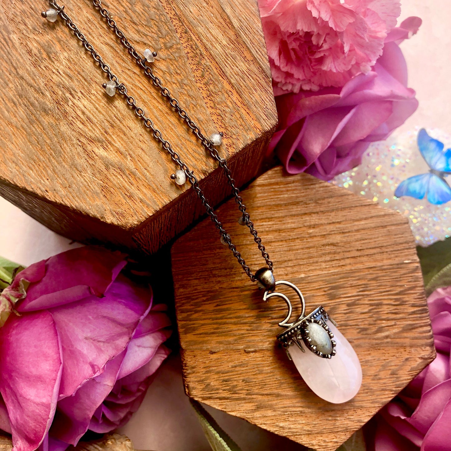 Rose Quartz Moon Aura Necklace ~ Anita Apothecary, Crystal moons, moon necklace, aura jewelry, Celestial jewelry, witch Jewelry