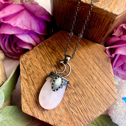 Rose Quartz Moon Aura Necklace ~ Anita Apothecary, Crystal moons, moon necklace, aura jewelry, Celestial jewelry, witch Jewelry