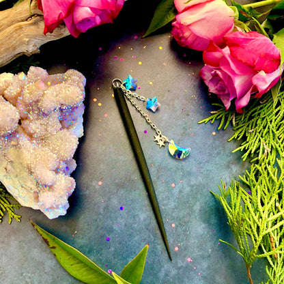 Celestial Crystal Moon Hair Sticks ~ Anita Apothecary, hair sticks, crystal hair sticks, wedding hair stick, hair crystals witches beauty