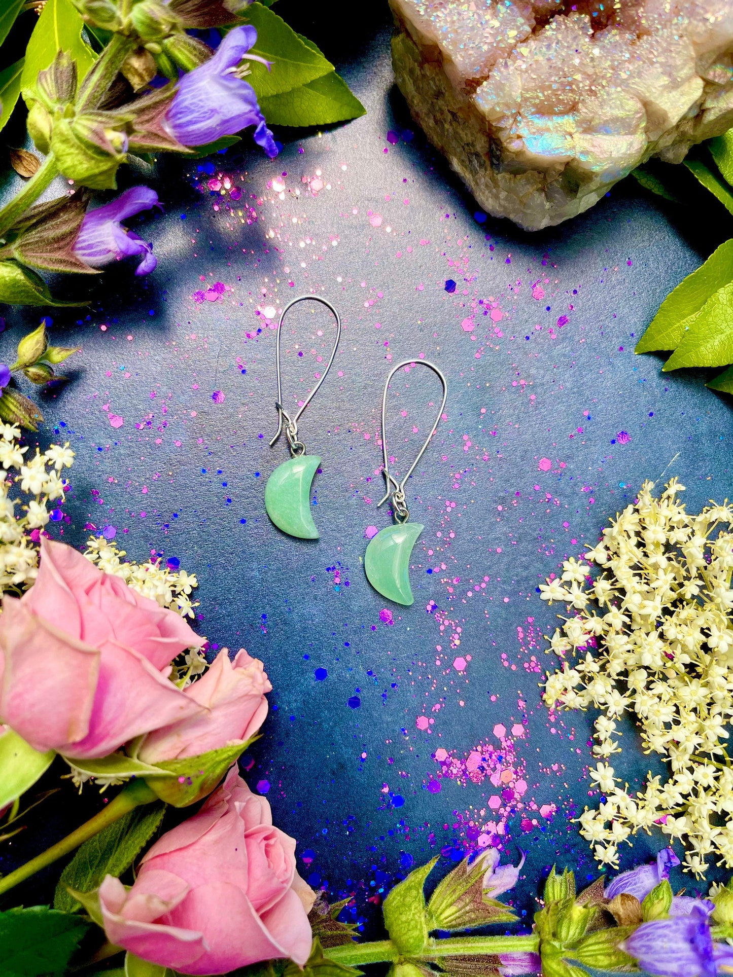 Aventurine Moon Earrings ~ Anita Apothecary, Celestial earrings, witchcraft jewelry, Moon earrings, Crystal Quartz earrings, witch earrings