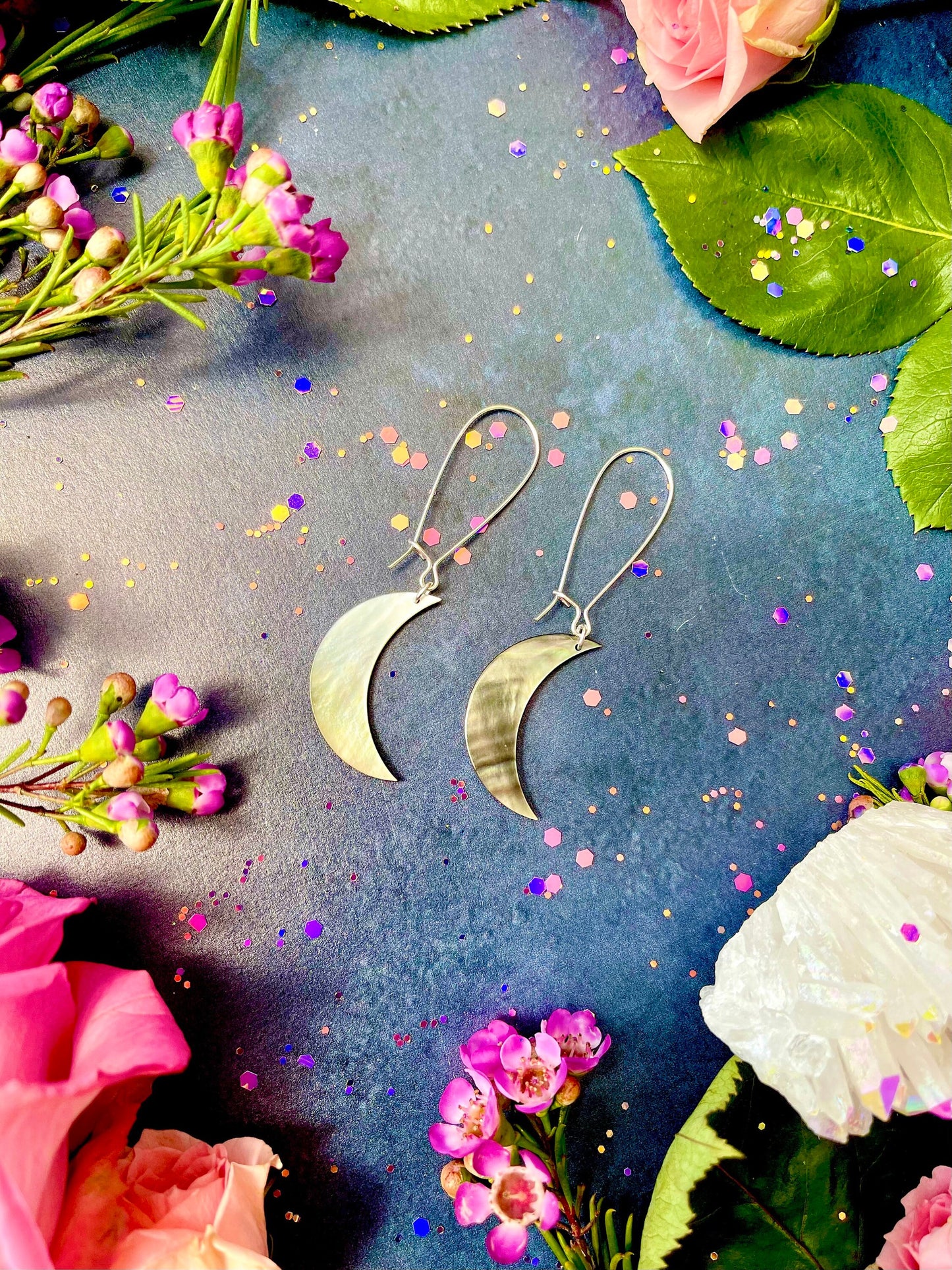 Artemis Moon Earrings ~ Anita Apothecary, Celestial earrings, witchcraft jewelry, Moon earrings, Crystal Quartz earrings, witch earrings