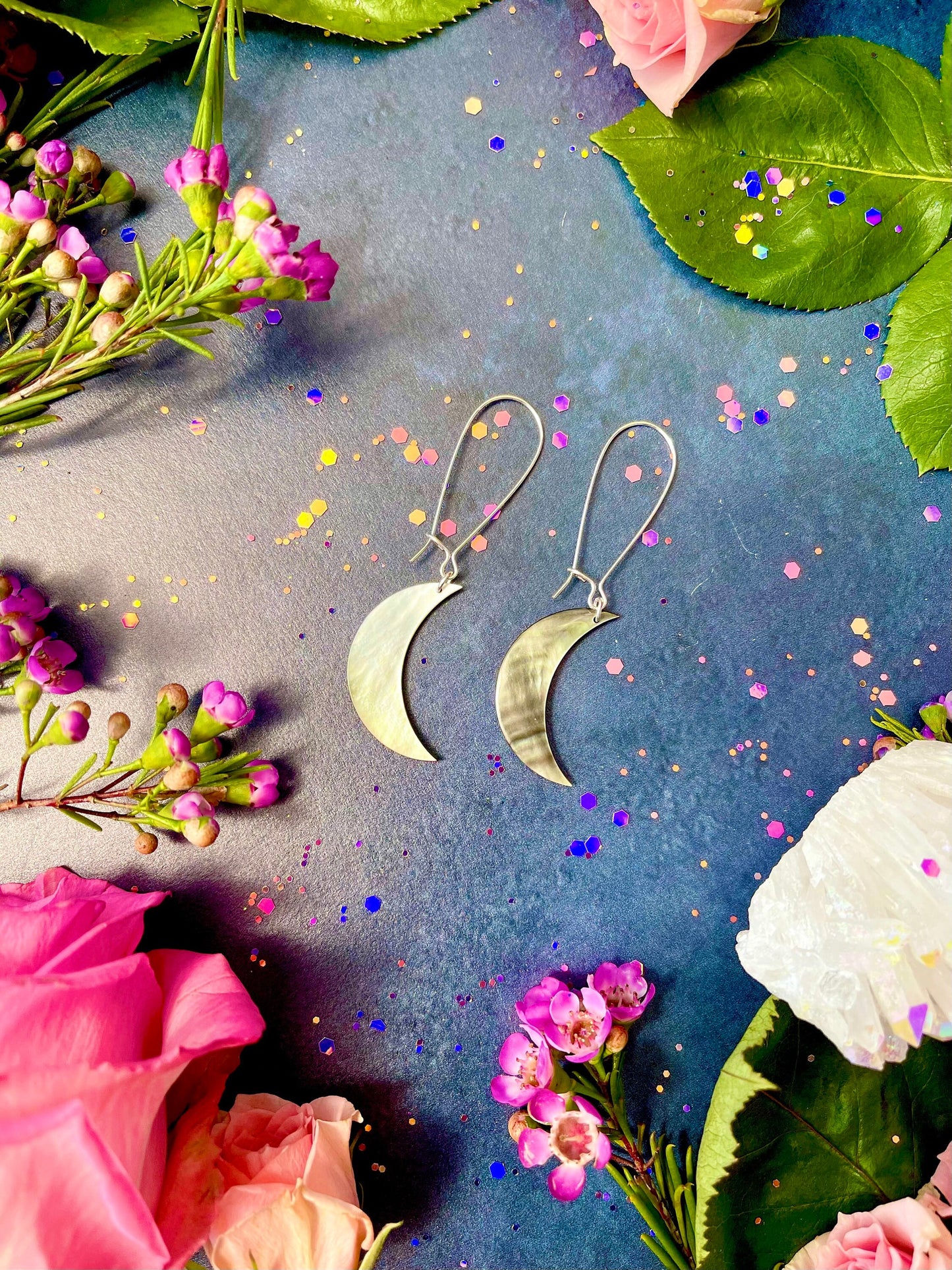 Artemis Moon Earrings ~ Anita Apothecary, Celestial earrings, witchcraft jewelry, Moon earrings, Crystal Quartz earrings, witch earrings