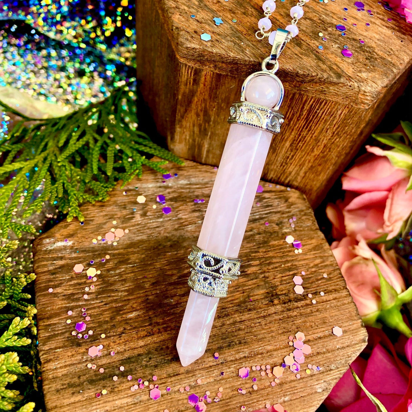 Rose Quartz Energizer Necklace ~ Anita Apothecary, witch jewelry, rosary chain, Pendulum jewelry, Crystal jewelry, Pendulum Necklace, witch