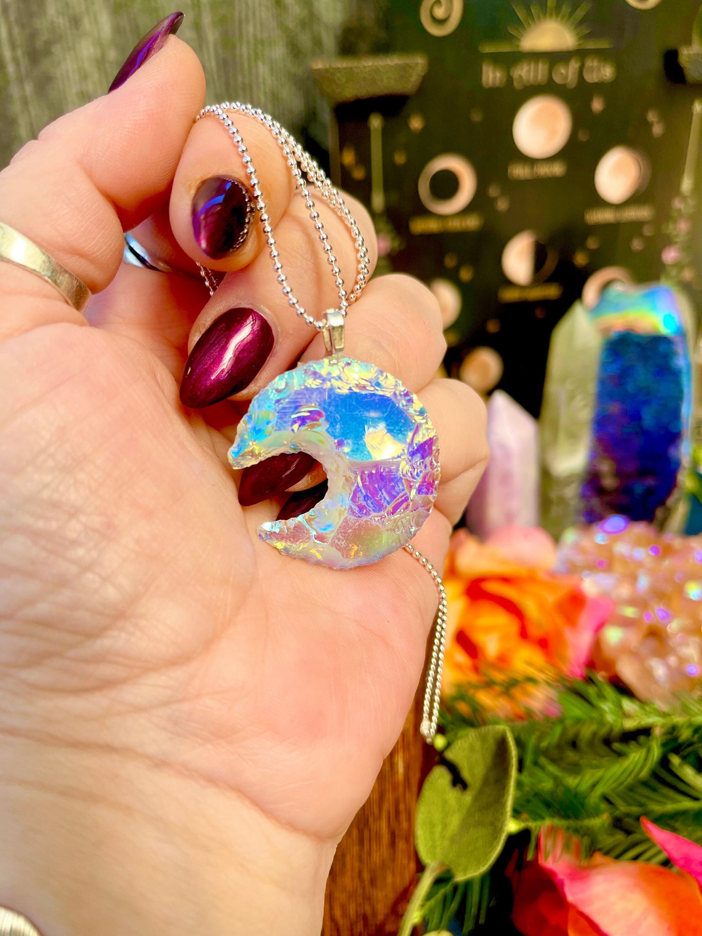 Luna’s Angel Aura Moon Pendant ~ Anita Apothecary, Aura Crystal Jewelry, Aura Cactus Quartz Jewelry, Spirit Quartz Necklace