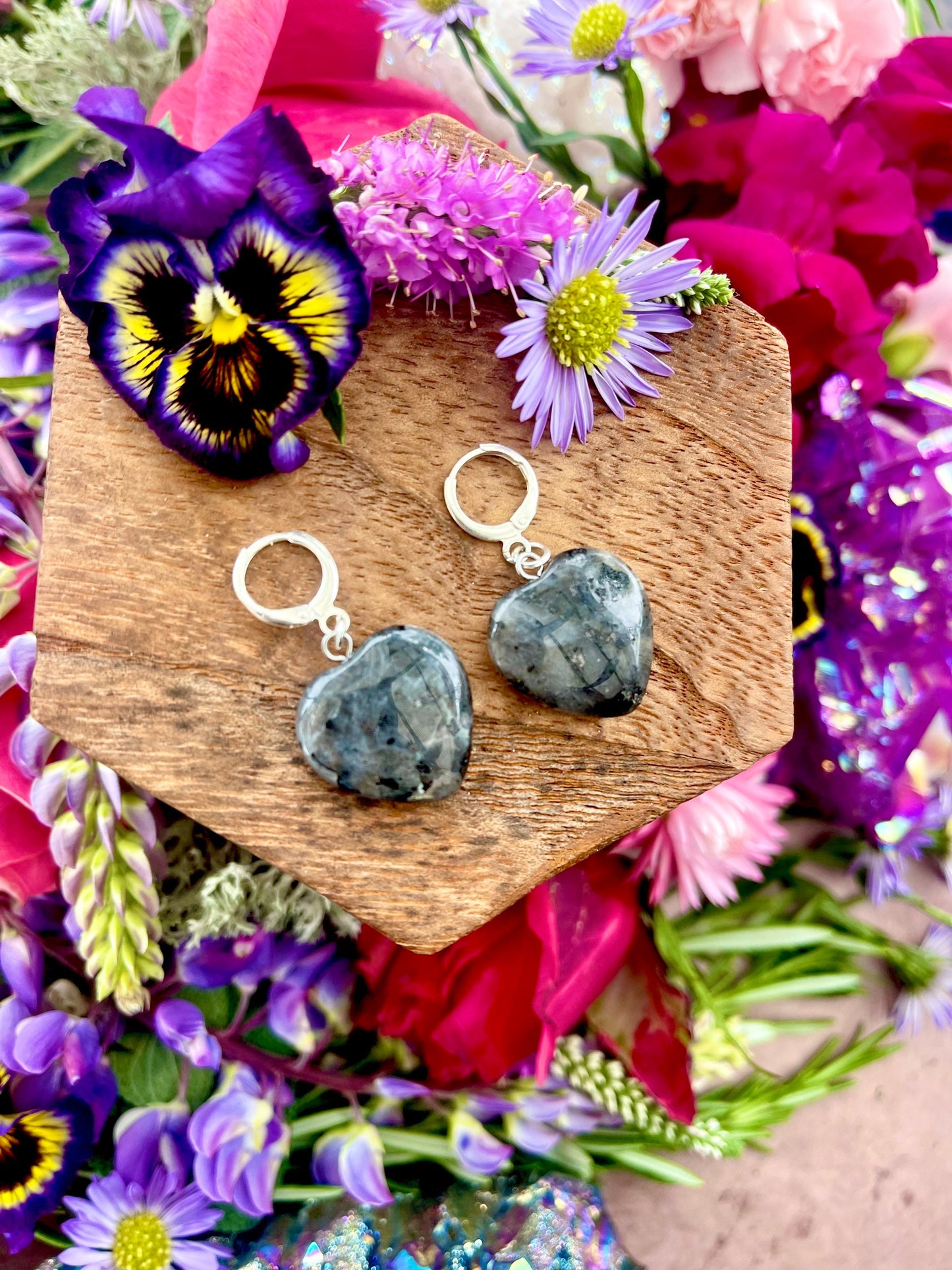 Black Moonstone Larvikite Heart Earrings ~ Anita Apothecary, Larvikite Heart earrings, witch earrings, witch jewelry, Witchy jewelry