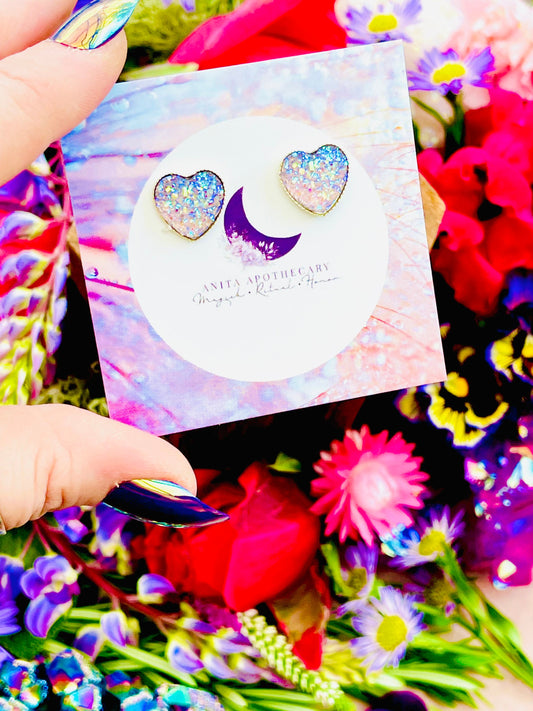 Sparkle Heart Druzy Studs in Glow ~ Anita Apothecary, Aura Druzy, Druzy Crystal Jewelry, Druzy cabochons, crystal earring studs