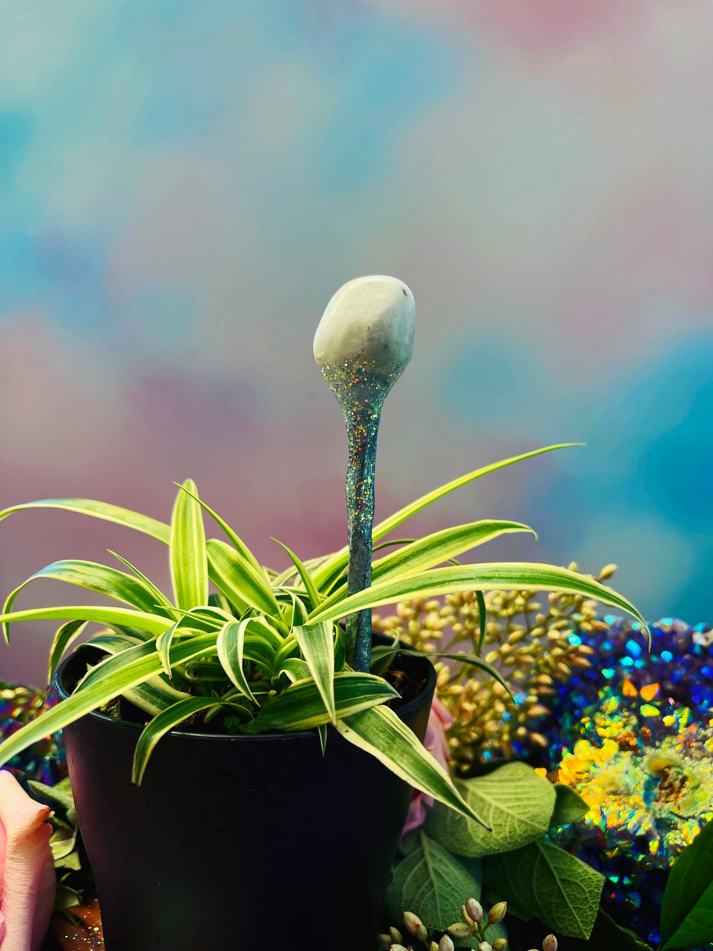 Rainbow Moonstone Plant Stake ~ Anita Apothecary, Live Houseplants, Living Houseplants, House Plants, House Plant Decor, Plant Witch