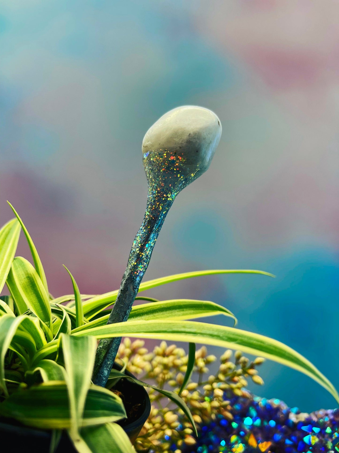 Rainbow Moonstone Plant Stake ~ Anita Apothecary, Live Houseplants, Living Houseplants, House Plants, House Plant Decor, Plant Witch